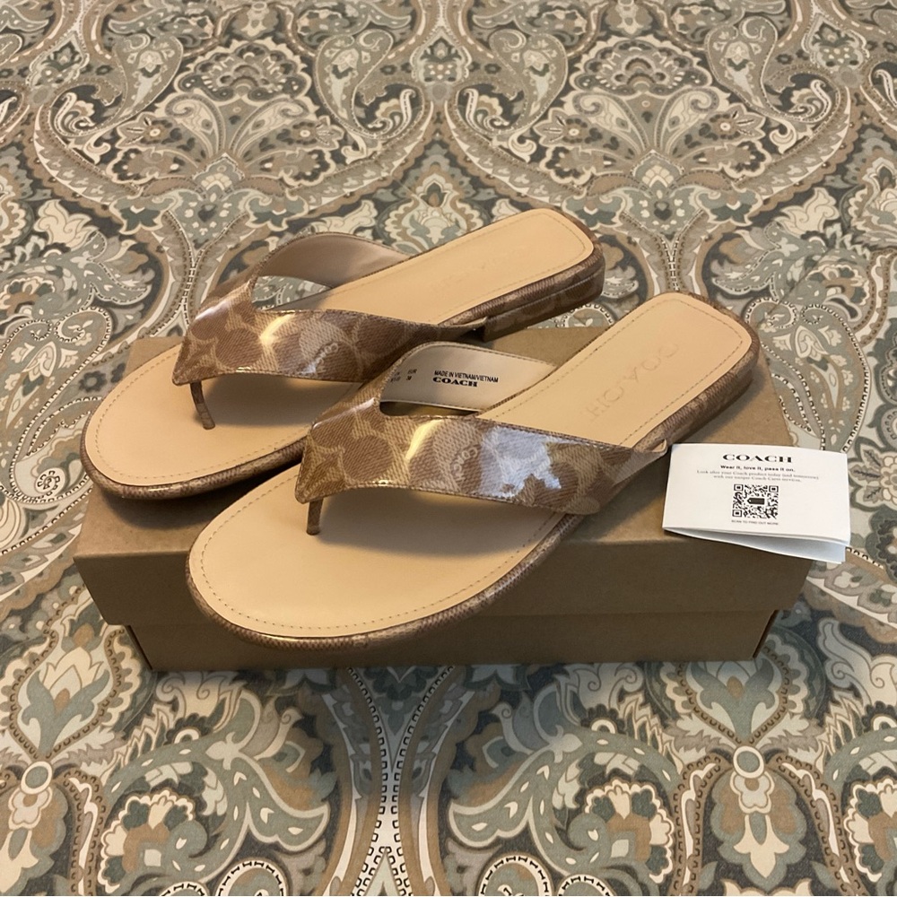 Mint Coach Bridgette. Signature Jacquard Tan Sandals Worn 1x